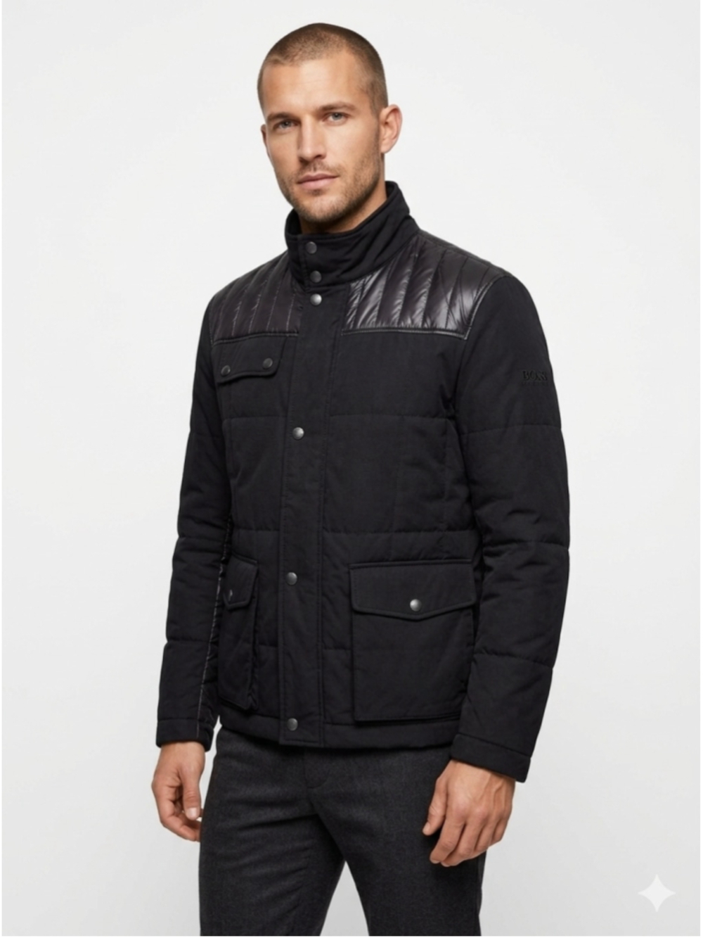 Hugo Boss Black Quilted Mixed Media Moto Jacket 40R Old Money Quiet Luxury